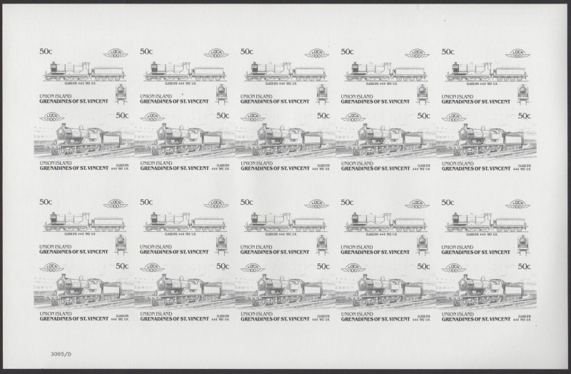 Union Island Locomotives (6th series) 50c Black Stage Progressive Color Proof Pane