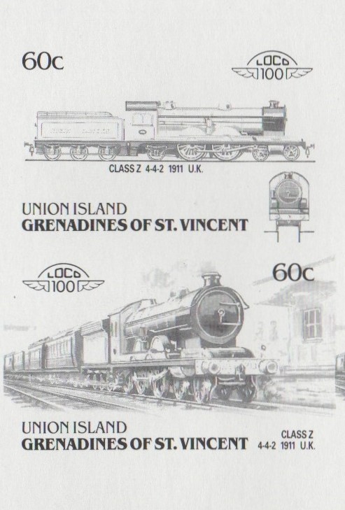 Union Island Locomotives (6th series) 60c Black Stage Progressive Color Proof Pair