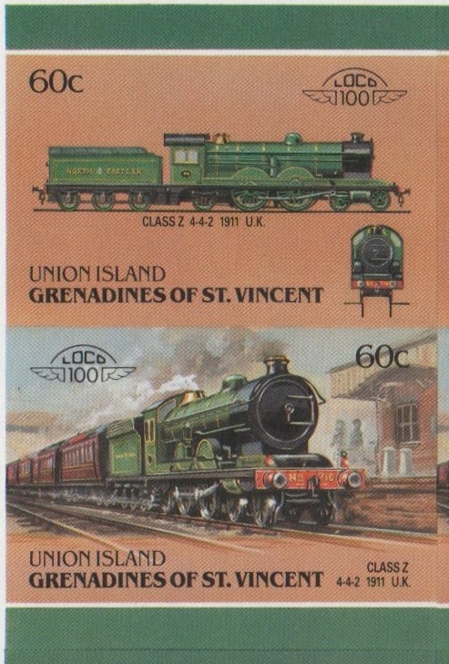 Union Island Locomotives (6th series) 60c 1911 Class Z 4-4-2 Final Stage Progressive Color Proof Stamp Pair