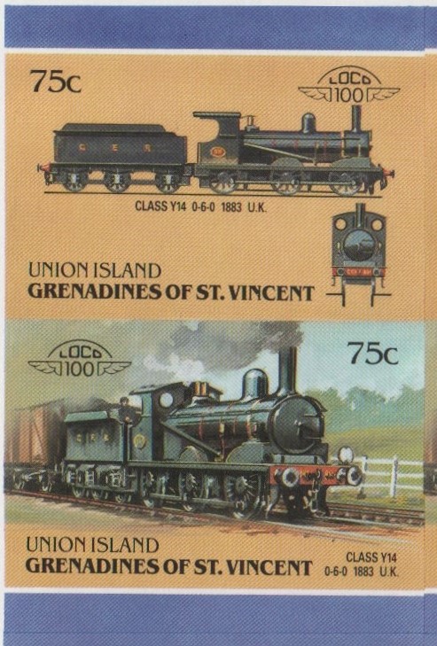 Union Island Locomotives (6th series) 75c 1883 Class Y14 0-6-0 Final Stage Progressive Color Proof Stamp Pair
