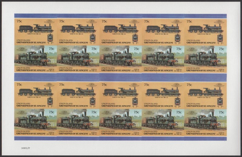 Union Island Locomotives (6th series) 75c 1883 Class Y14 0-6-0 Final Stage Progressive Color Proof Stamp Pane