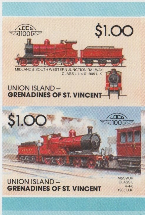 Union Island Locomotives (7th series) $1.00 1905 Midland & South Western Junction Railway Class L 4-4-0 Final Stage Progressive Color Proof Stamp Pair