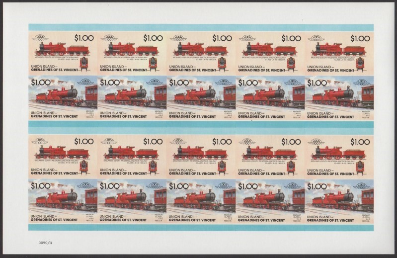 Union Island Locomotives (7th series) $1.00 1905 Midland & South Western Junction Railway Class L 4-4-0 Final Stage Progressive Color Proof Stamp Pane