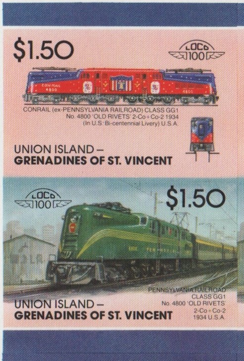 Union Island Locomotives (7th series) $1.50 1934 Pennsylvania Railroad Class GG1 No. 4800 'Old Rivets' 2-Co+Co-2 Final Stage Progressive Color Proof Stamp Pair