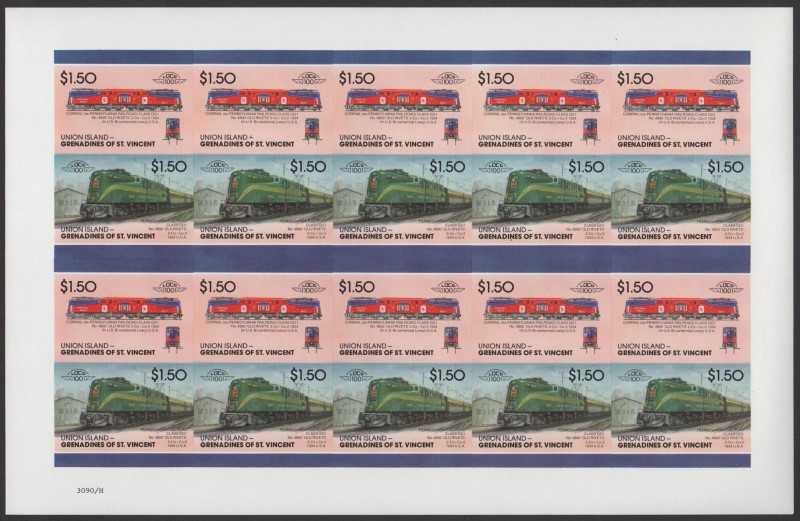 Union Island Locomotives (7th series) $1.50 1934 Pennsylvania Railroad Class GG1 No. 4800 'Old Rivets' 2-Co+Co-2 Final Stage Progressive Color Proof Stamp Pane