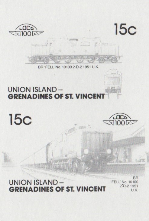 Union Island Locomotives (7th series) 15c Black Stage Progressive Color Proof Pair