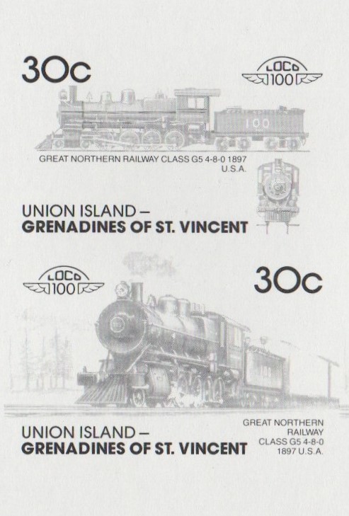 Union Island Locomotives (7th series) 30c Black Stage Progressive Color Proof Pair