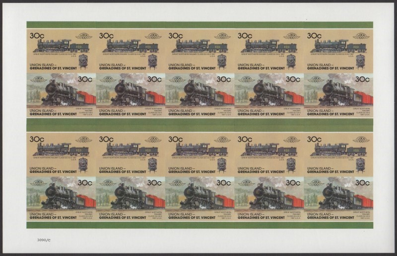 Union Island Locomotives (7th series) 30c 1897 Great Northern Railway Class G5 4-8-0 Final Stage Progressive Color Proof Stamp Pane