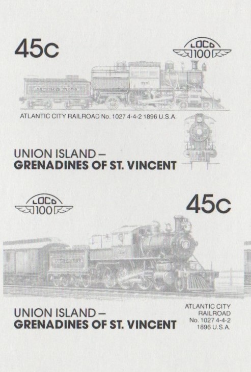 Union Island Locomotives (7th series) 45c Black Stage Progressive Color Proof Pair