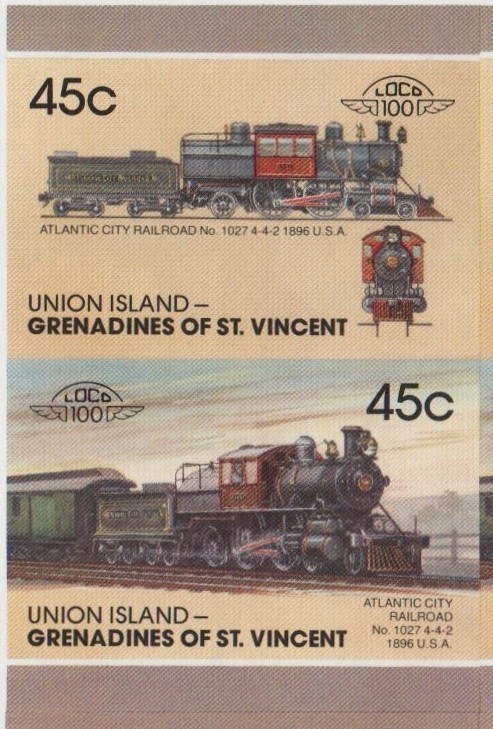 Union Island Locomotives (7th series) 45c 1896 Atlantic City Railroad No. 1027 4-4-2 Final Stage Progressive Color Proof Stamp Pair