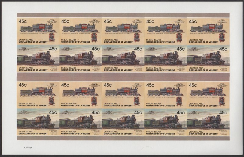 Union Island Locomotives (7th series) 45c 1896 Atlantic City Railroad No. 1027 4-4-2 Final Stage Progressive Color Proof Stamp Pane