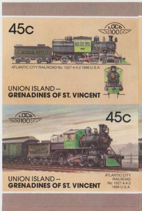 Union Island Locomotives (7th series) 45c 1896 Atlantic City Railroad No. 1027 4-4-2 Final Stage Missing Red Error Progressive Color Proof Stamp Pair