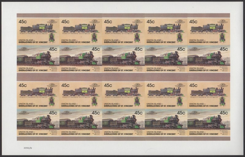 Union Island Locomotives (7th series) 45c 1896 Atlantic City Railroad No. 1027 4-4-2 Final Stage Missing Red Error Progressive Color Proof Stamp Pane