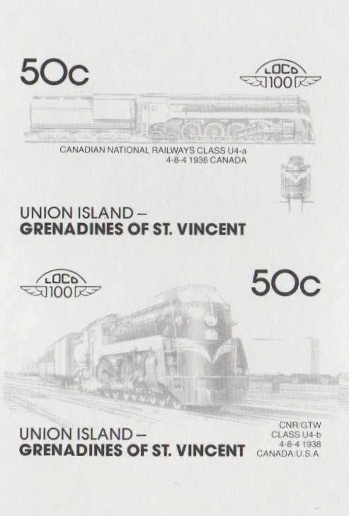 Union Island Locomotives (7th series) 50c Black Stage Progressive Color Proof Pair