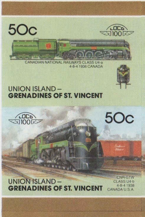 Union Island Locomotives (7th series) 50c 1938 Canadian National Railways Class U4-b 4-8-4 Final Stage Progressive Color Proof Stamp Pair