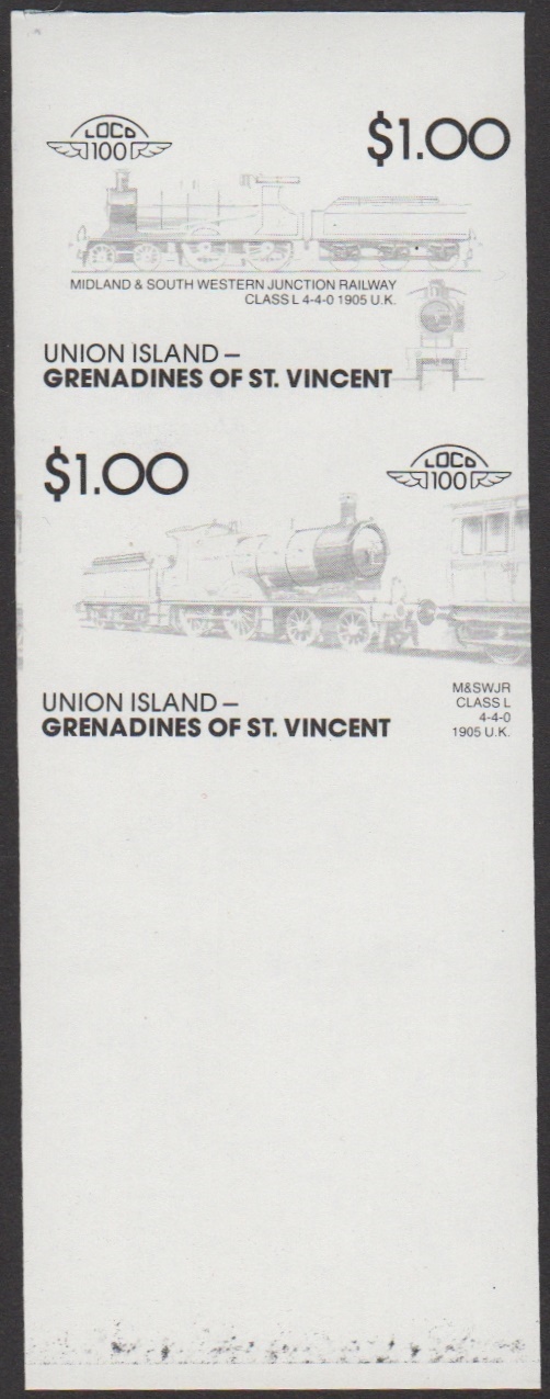 Union Island 7th Series $1.00 1905 Midland & South Western Junction Railway Class L 4-4-0 Locomotive Stamp Black Stage Color Proof From Press Sheet