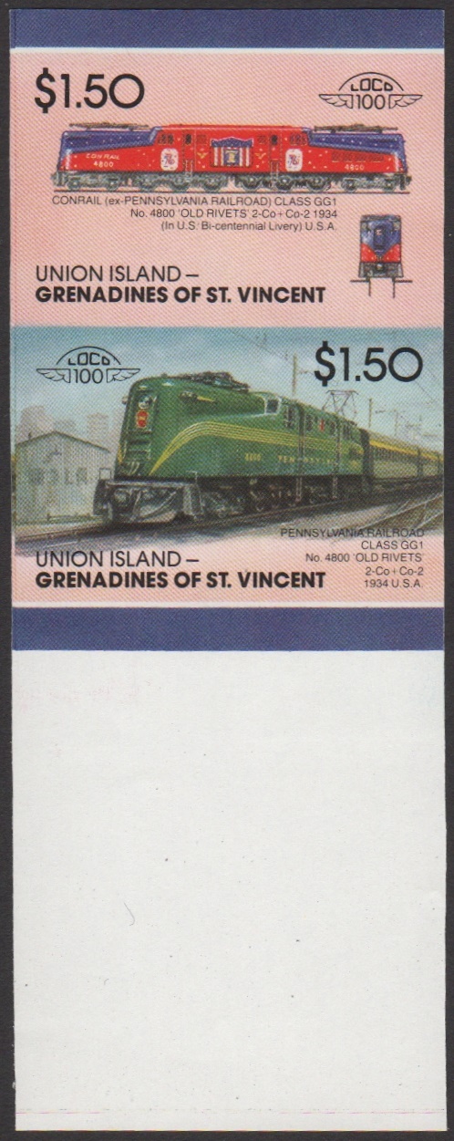 Union Island 7th Series $1.50 1934 Pennsylvania Railroad Class GG1 No. 4800 'Old Rivets' 2-Co+Co-2 Locomotive Stamp Final Stage Color Proof From Press Sheet