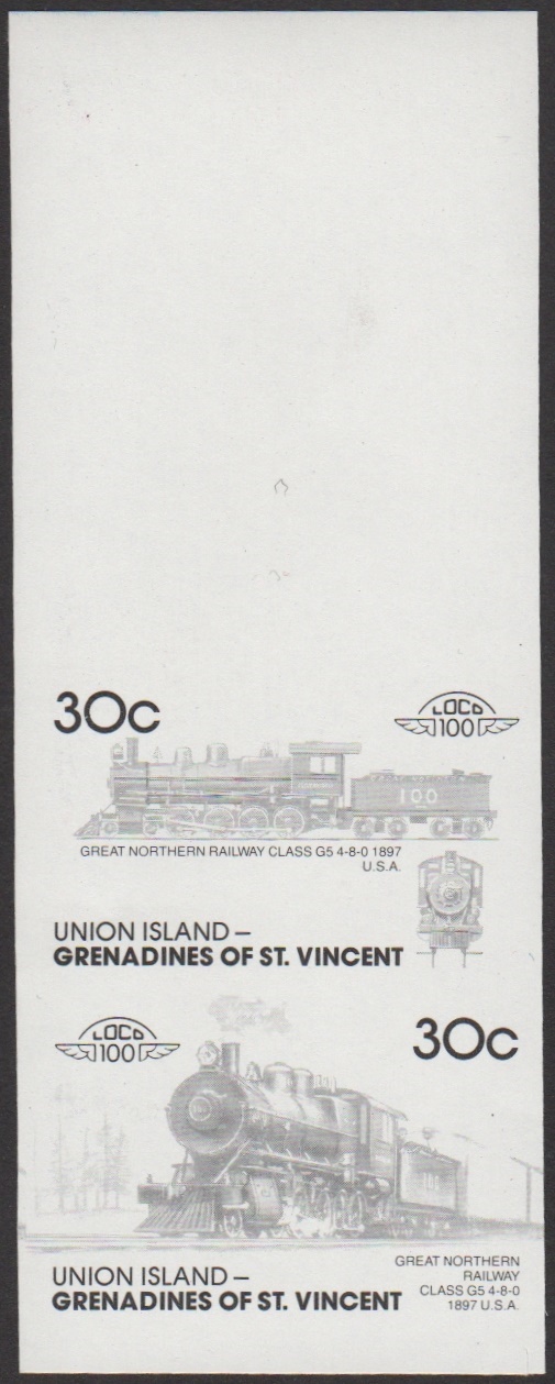 Union Island 7th Series 30c 1897 Great Northern Railway Class G5 4-8-0 Locomotive Stamp Black Stage Color Proof From Press Sheet