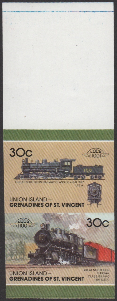 Union Island 7th Series 30c 1897 Great Northern Railway Class G5 4-8-0 Locomotive Stamp Final Stage Color Proof From Press Sheet