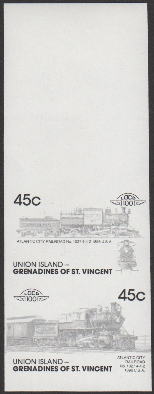 Union Island 7th Series 45c 1896 Atlantic City Railroad No. 1027 4-4-2 Locomotive Stamp Black Stage Color Proof From Press Sheet