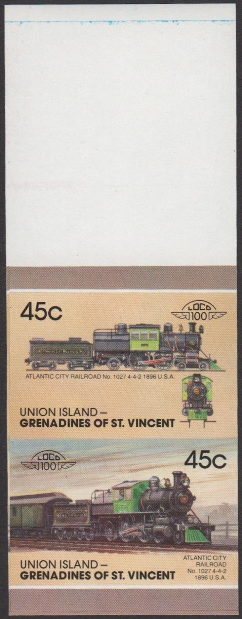 Union Island 7th Series 45c 1896 Atlantic City Railroad No. 1027 4-4-2 Locomotive Stamp Final Stage Color Proof From Press Sheet