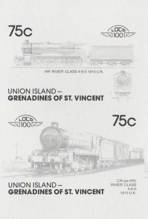Union Island Locomotives (7th series) 75c Black Stage Progressive Color Proof Pair