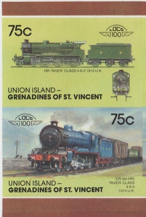 Union Island Locomotives (7th series) 75c 1915 CR (ex-HR) River Class 4-6-0 Final Stage Progressive Color Proof Stamp Pair