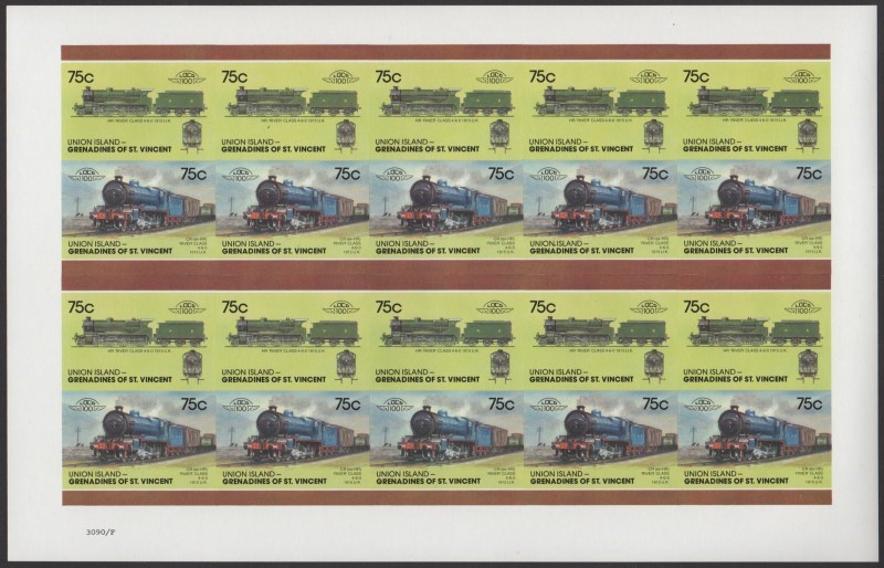 Union Island Locomotives (7th series) 75c 1915 CR (ex-HR) River Class 4-6-0 Final Stage Progressive Color Proof Stamp Pane
