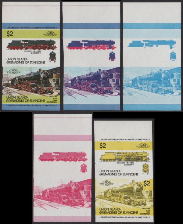 1984 Union Island Leaders of the World, Locomotives (1st series) 5 Stage Progressive Color Proof Stamps