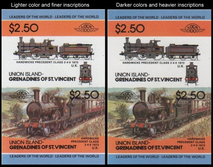 1984 Union Island Leaders of the World, Locomotives (2nd series) Hardwicke Precedent Class Locomotive Printing Variety