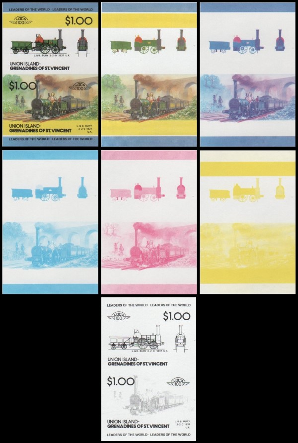 1984 Union Island Leaders of the World, Locomotives (2nd series) Progressive Color Proof Stamps