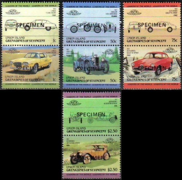 1985 Union Island Leaders of the World, Automobiles (1st series) SPECIMEN Overprinted Stamps
