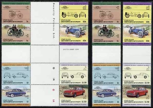 1985 Union Island Leaders of the World, Automobiles (2nd series) Gutter Pair Stamps