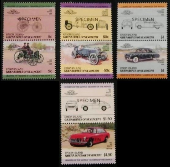 1985 Union Island Leaders of the World, Automobiles (2nd series) SPECIMEN Overprinted Stamps