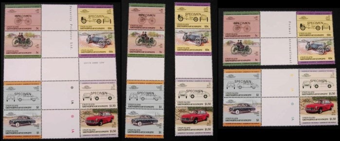 1985 Union Island Leaders of the World, Automobiles (2nd series) SPECIMEN Overprint Gutter Pair Stamps