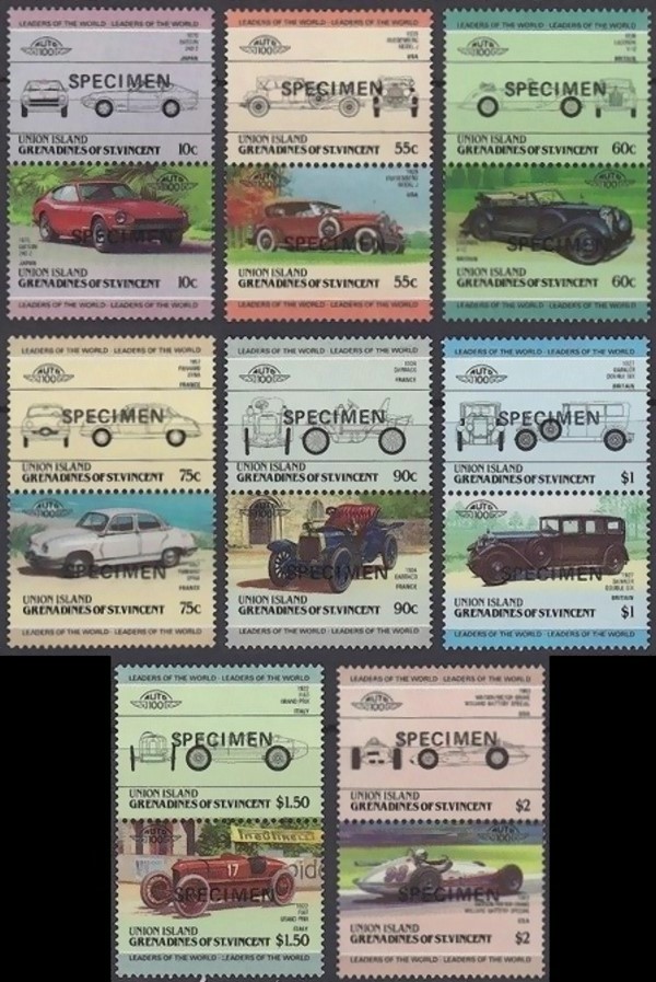 1985 Union Island Leaders of the World, Automobiles (3rd series) SPECIMEN Overprinted Stamps