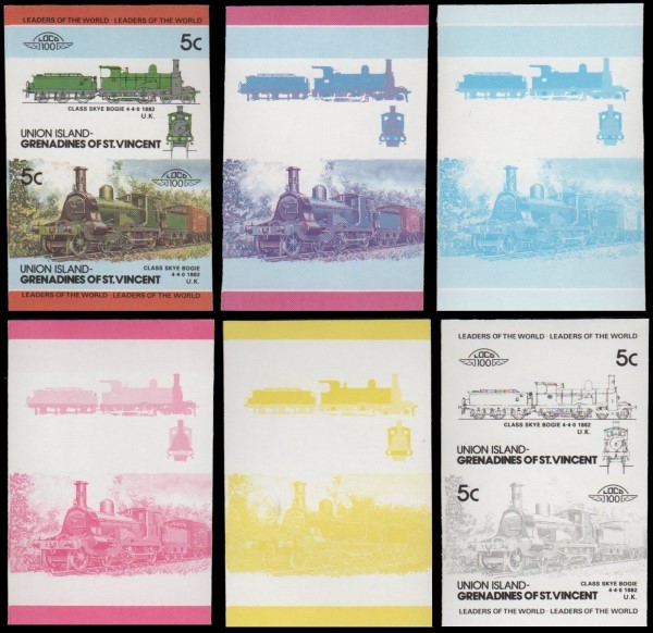 1985 Union Island Leaders of the World, Locomotives (3rd series) Progressive Color Proof Stamps
