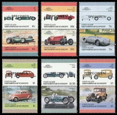 1986 Union Island Leaders of the World, Automobiles (4th series) SPECIMEN Overprinted Stamps