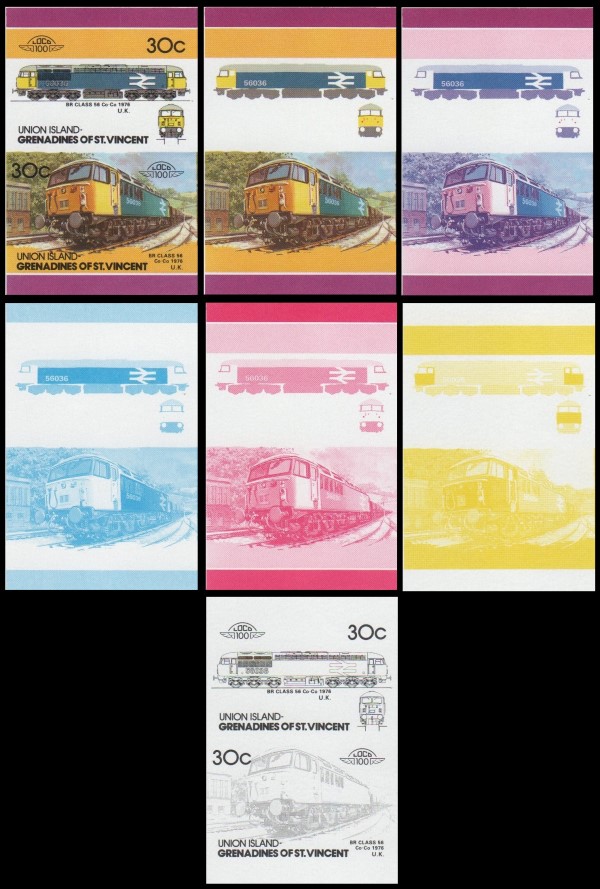 1986 Union Island Leaders of the World, Locomotives (4th series) Progressive Color Proof Stamps