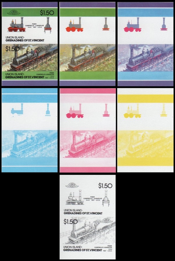 1986 Union Island Leaders of the World, Locomotives (5th series) Progressive Color Proof Stamps