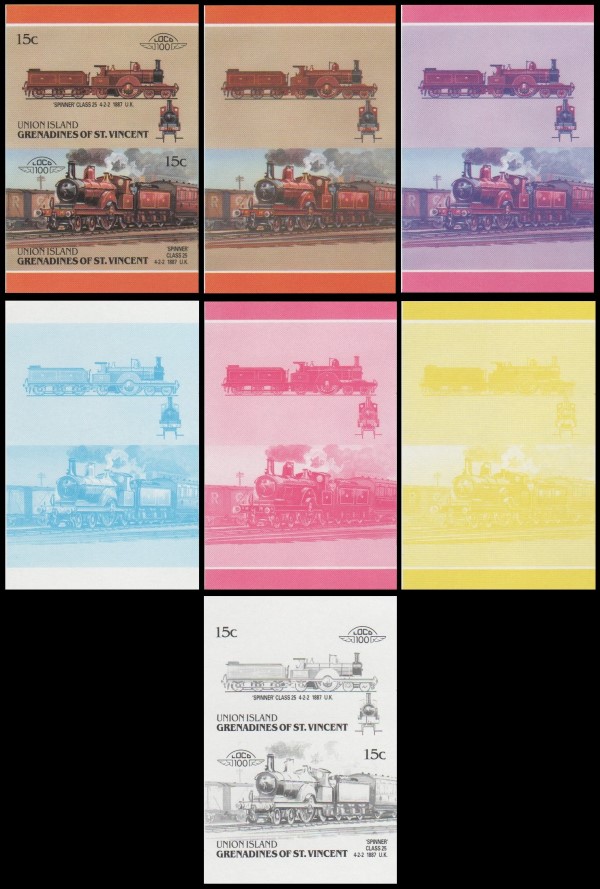1987 Union Island Leaders of the World, Locomotives (6th series) Progressive Color Proof Stamps