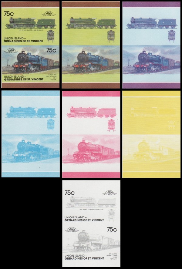 1987 Union Island Leaders of the World, Locomotives (7th series) Progressive Color Proof Stamps