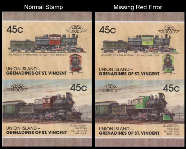 1987 Union Island Leaders of the World, Locomotives (7th series) Scott 30 Missing Red Error Stamp