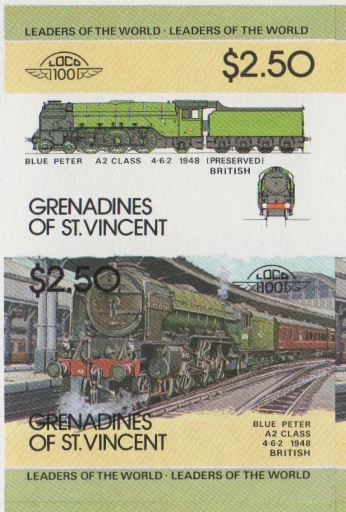 Saint Vincent Grenadines Locomotives (1st series) $2.50 1948 Blue Peter A2 Class 4-6-2 Final Stage Progressive Color Proof Stamp Pair