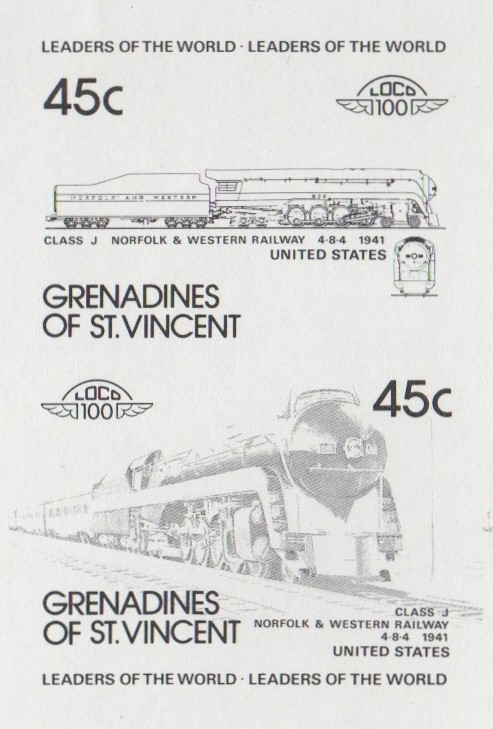 Saint Vincent Grenadines Locomotives (1st series) 45c Black Stage Progressive Color Proof Pair