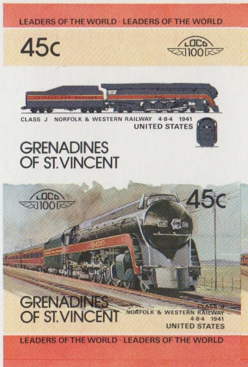 Saint Vincent Grenadines Locomotives (1st series) 45c 1941 Class J Norfolk & Western Railway 4-8-4 Final Stage Progressive Color Proof Stamp Pair