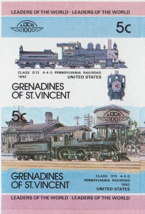 Saint Vincent Grenadines Locomotives (1st series) 5c 1892 Class D13 Pennsylvania Railroad 4-4-0 Final Stage Progressive Color Proof Stamp Pair