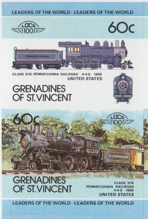 Saint Vincent Grenadines Locomotives (1st series) 60c 1895 Class D16 Pennsylvania Railroad 4-4-0 Final Stage Progressive Color Proof Stamp Pair