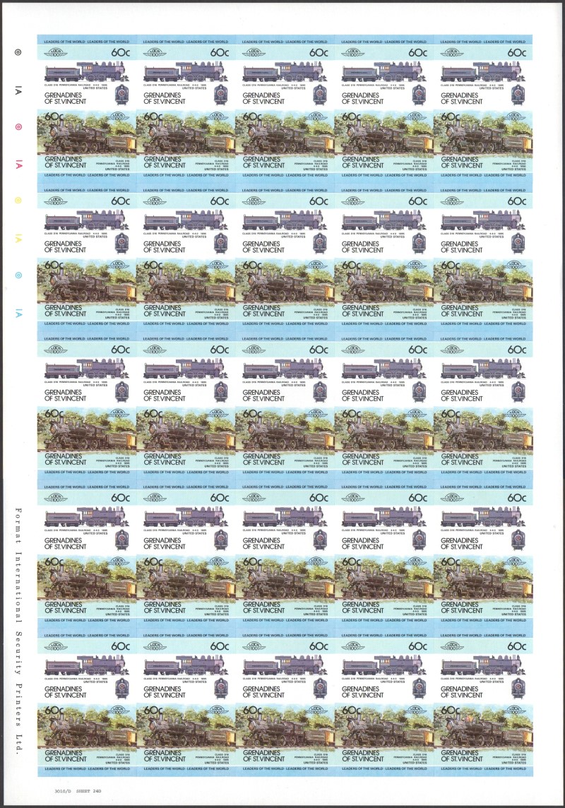 Saint Vincent Grenadines Locomotives (1st series) 60c 1895 Class D16 Pennsylvania Railroad 4-4-0 Final Stage Progressive Color Proof Stamp Pane