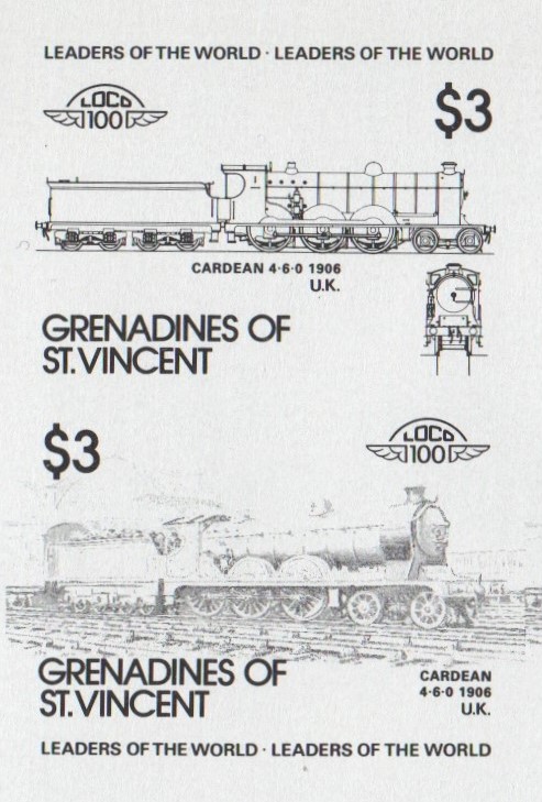 Saint Vincent Grenadines Locomotives (2nd series) $3.00 Black Stage Progressive Color Proof Pair